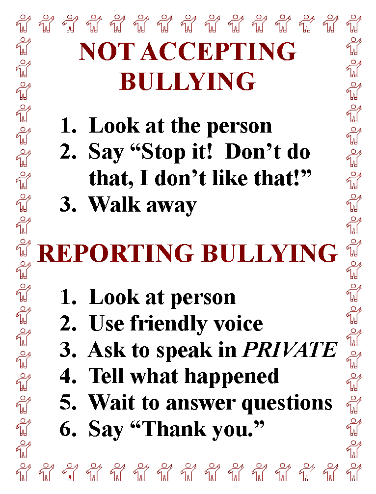 Text Box: NOT ACCEPTING 
BULLYING

	1.  Look at the person
	2.  Say Stop it!  Dont do 		     that, I dont like that!
	3.  Walk away

REPORTING BULLYING
	
	1.  Look at person
	2.  Use friendly voice
	3.  Ask to speak in PRIVATE
	4.  Tell what happened
	5.  Wait to answer questions
	6.  Say Thank you.
